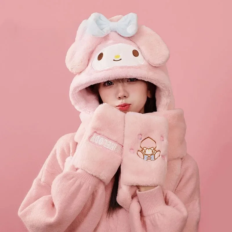 Nueva bufanda con capucha de dibujos animados MINISO Sanrio Hello Kitty Kuromi My Melody Cinnamoroll Hangyodon para niña protección contra el frío de invierno lindo regalo