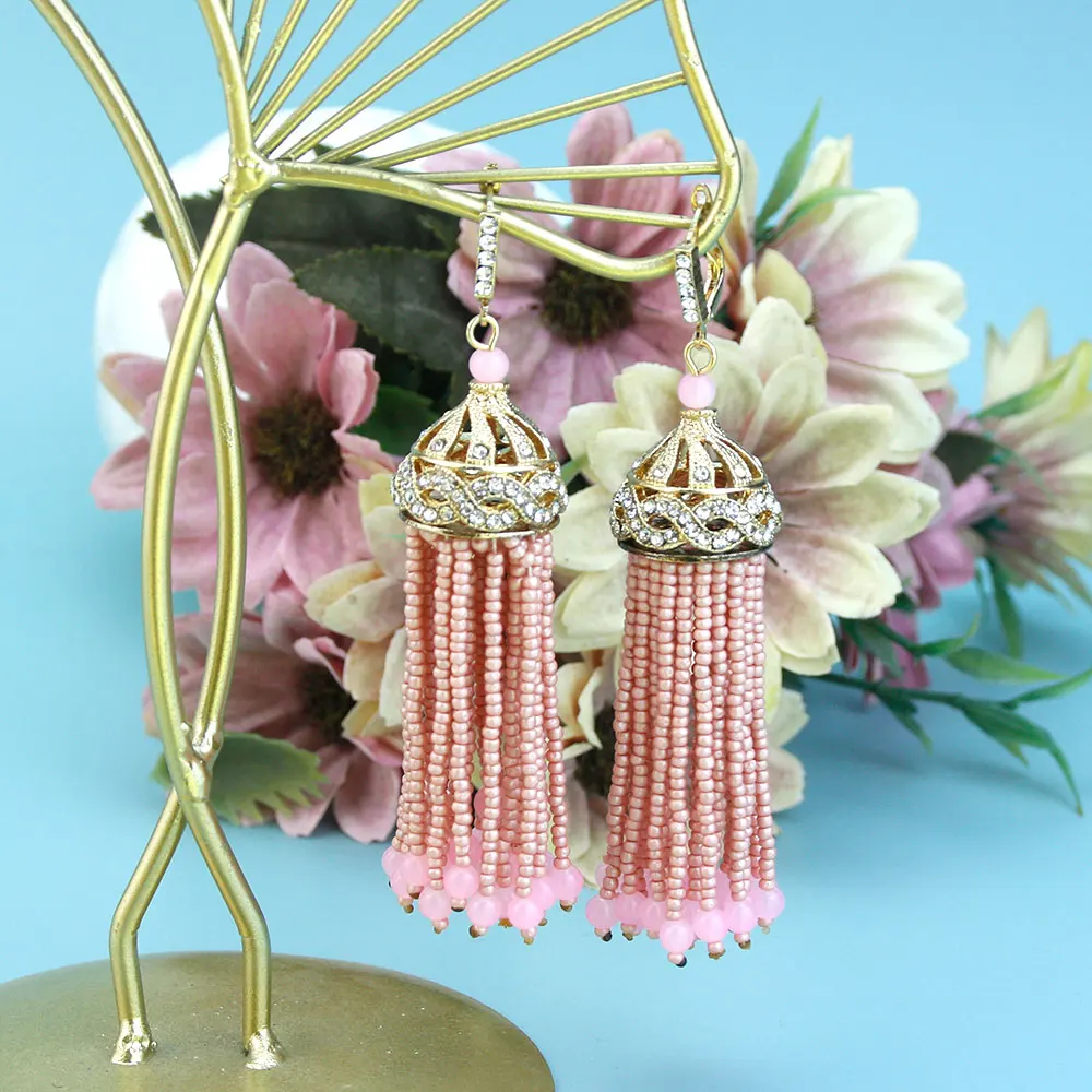 Sunspicems Bohemia Long Hook Beads Drop Earring For Women Turkish Natural Stone Tassels Earring Arabic Bride Wedding Jewelry