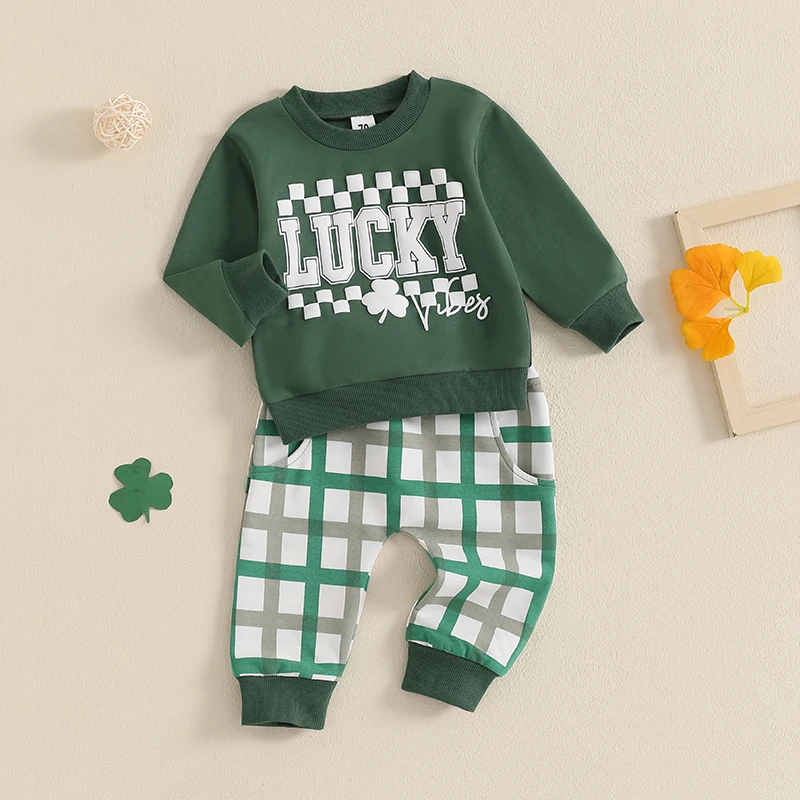 Lioraitiin Toddler Baby Boys Clothes Set Long Sleeve Crew Neck Letters Shamrock Print Sweatshirt with Plaid Sweatpants Clothes image 3