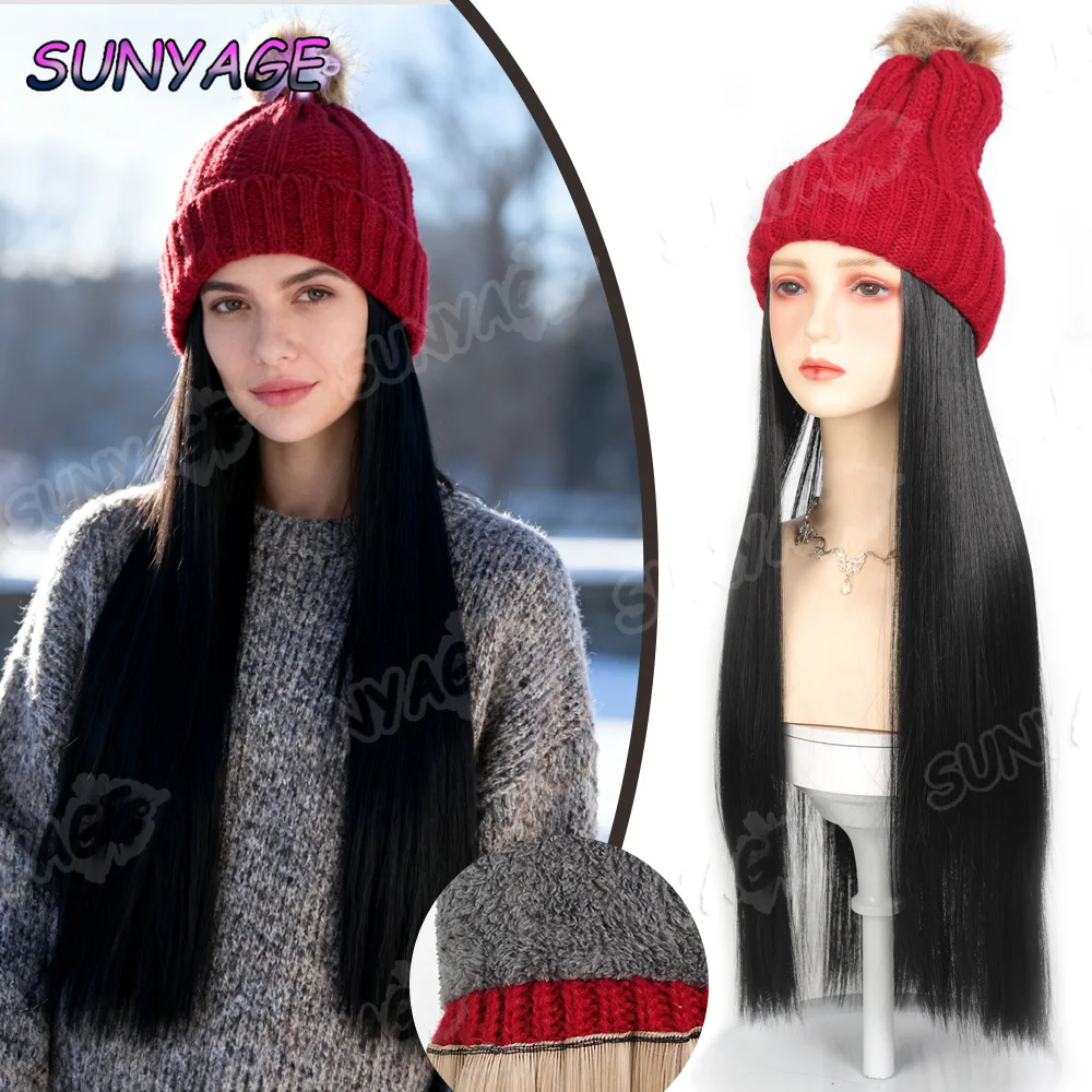 

SUNYAGE прямая шапка, парики, шапка с париком, золотистая прямая шапка из синтетических волос, женская теплая плюшевая вязаная осенне-зимняя шапка