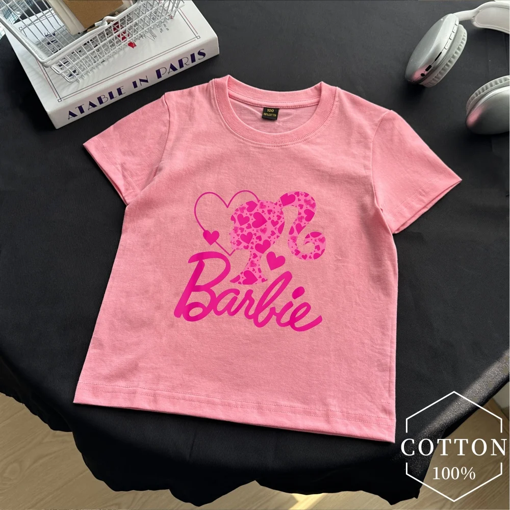 

Kawaii Barbie Children Short Sleeves Anime Cartoon Girls Boys Round Neck Pure Cotton T-Shirt Soft Y2K Kids Clothes Streetwear