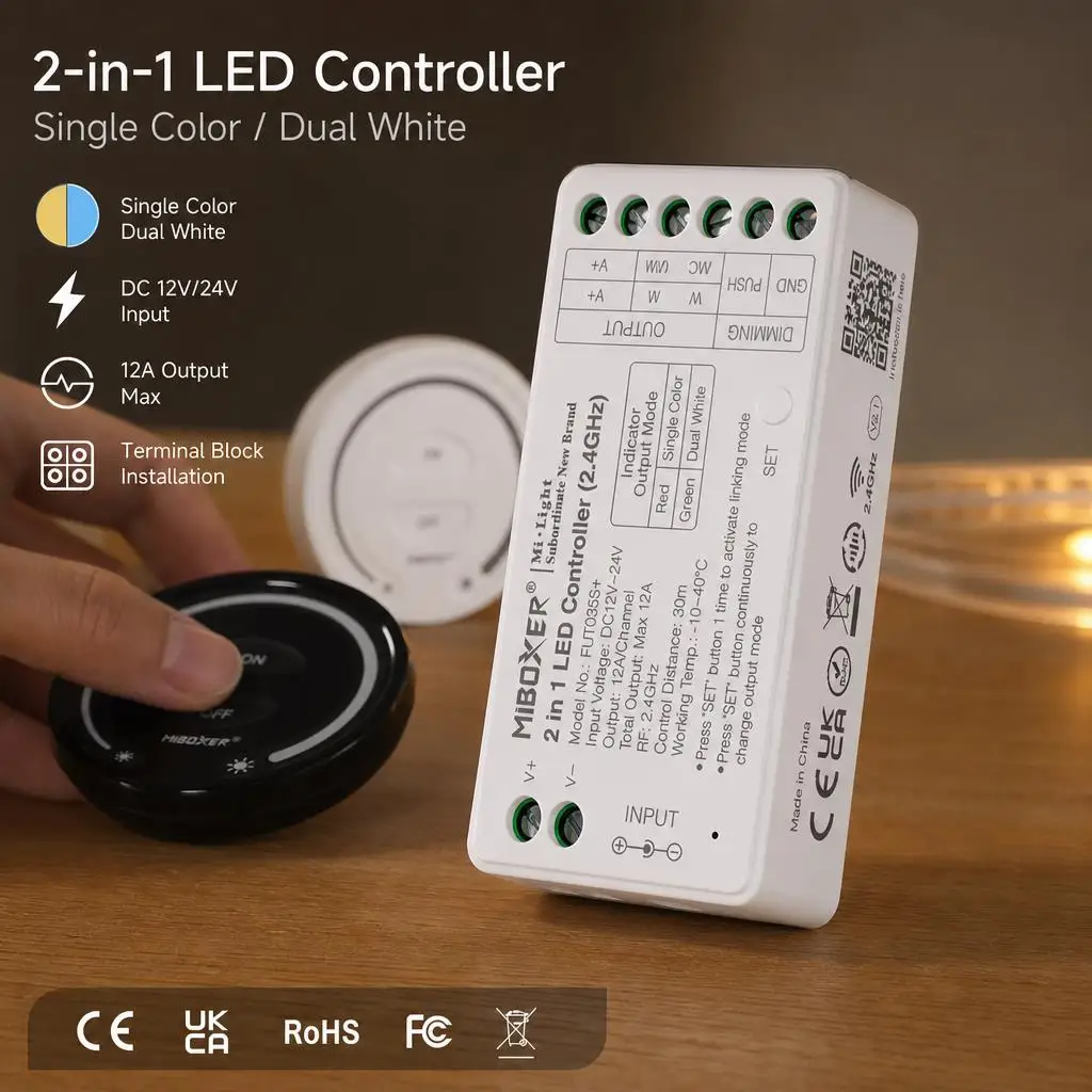 MiBoxer FUT035S+ FUT087 K1 DC12-24V 2.4GHzRF 2in1 Dual White Single White COB Smart PWM LED Strip Light Dimmer Controller