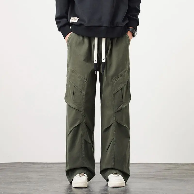2026 Autumn Men's 100% Cotton Baggy Wide Leg Cargo Pants Multi‑Pocket Splicing Design Loose Straight Trousers Outdoor Streetwear