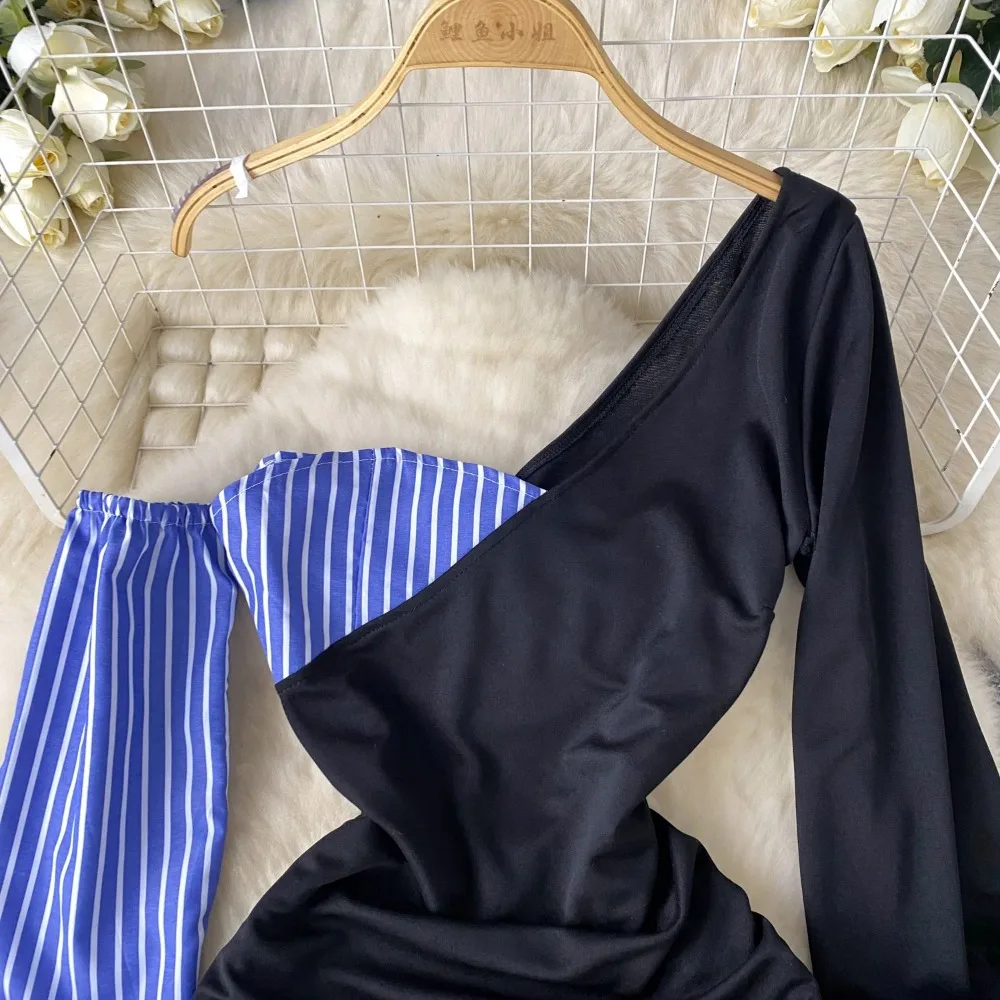 Chic Elegant lool sleeve Off Shoulder Dress Vacation Diagonal Collar Women Striped Shirring Vestidos asymmetrical dresses