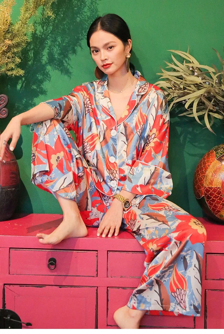 Print Satin Pijamas Women Set Imitation Silk 2 Piece  Long Sleeve Shirt Pj Sets Sleepwear Loose Loungewear Pijama Mujer Homewear