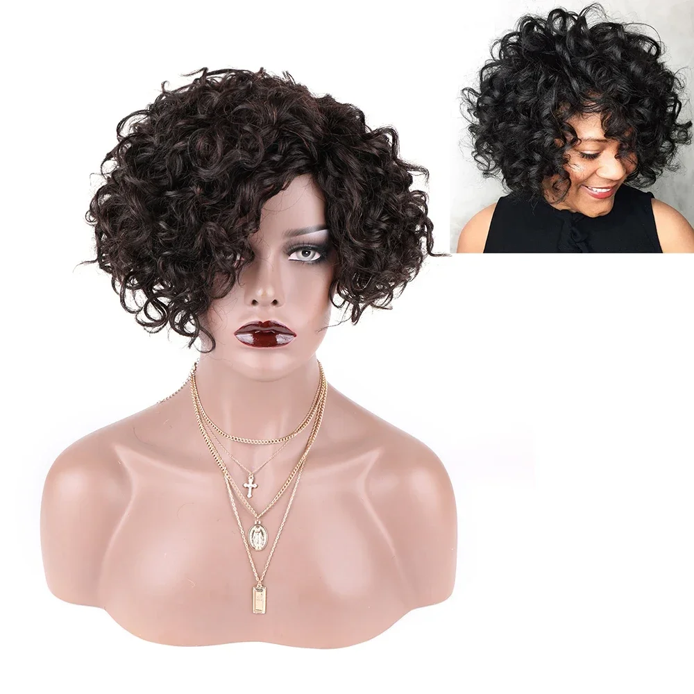 

Short Curly Human Hair Wigs Brazilian Remy Full Wig with Bangs Bouncy Curl Nature Wave Cosplay Party Hair Wigs for Women 8 Inch