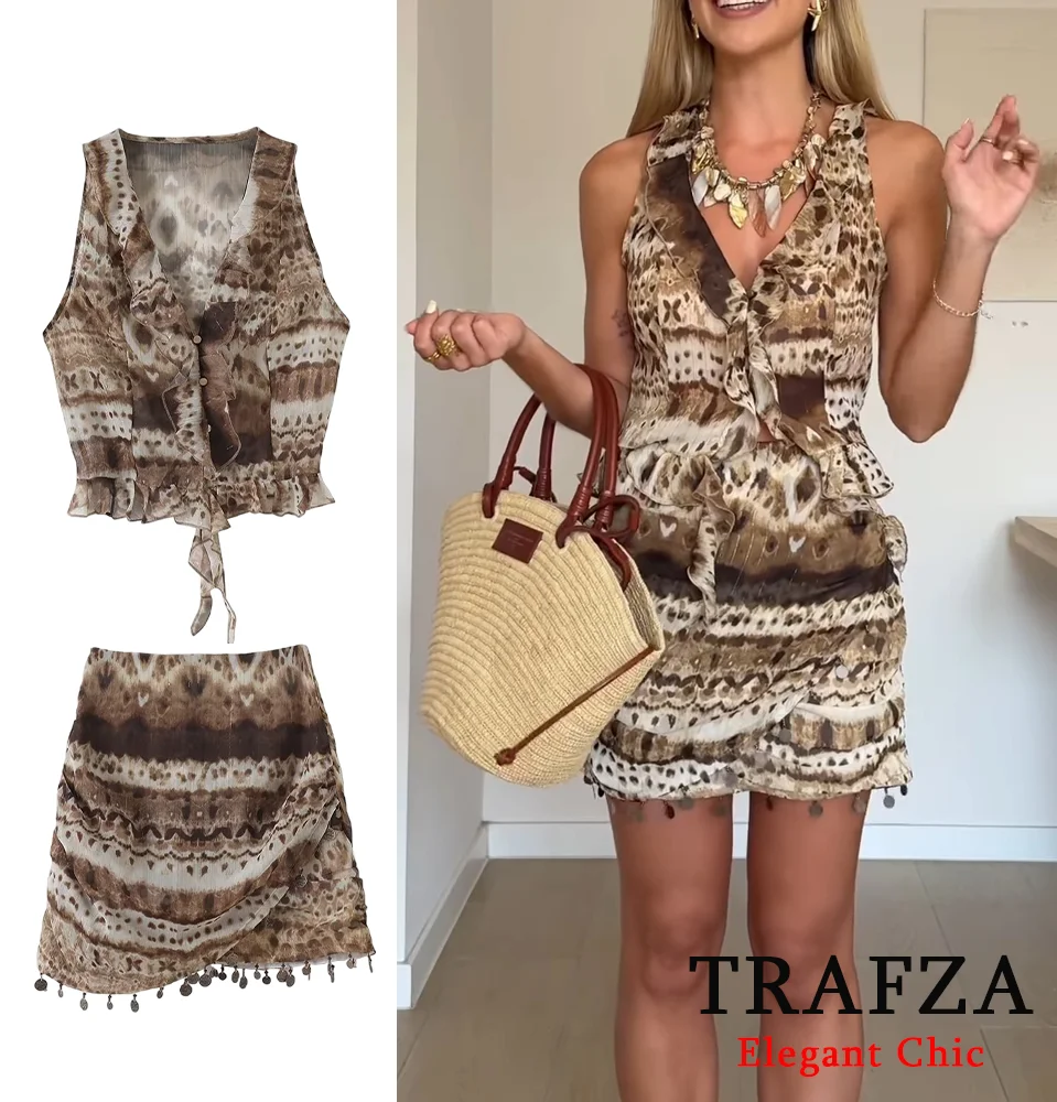 TRAFZA Women Vintage Print Skirt Set V-Neck Ruffle Edge Vest Or Mini Skirt 2025 Summer Fashion High Street Holidays Y2K Lady Set