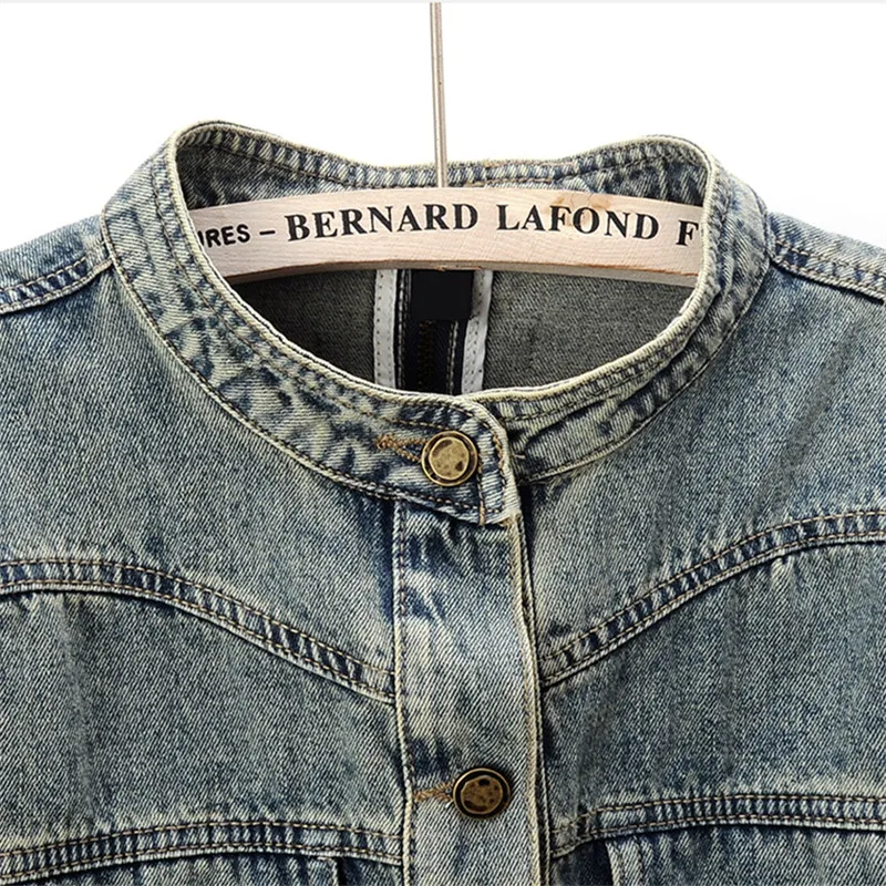 Vintage Blue Denim Jacket Women Cowboy Outwear Spring Autumn Slim Short Big Pocket Stand Collar Back Zipper Jeans Jacket Female