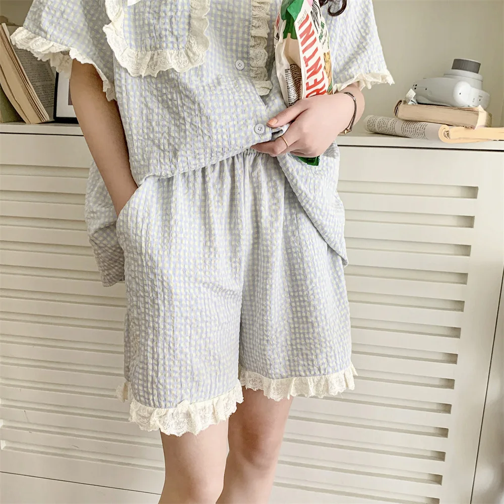 Summer Casual Plaid Pajamas Women Sweet Lace Short Sleeve Shorts Loungewear Women 2024 New ins Korean Style