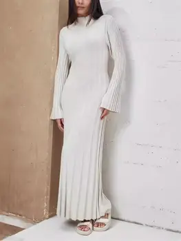 女士羅紋針織高領長袖中長連身裙,休閒秋冬時尚純色修身連身裙 6 最佳銷售 羅紋針織連身裙 - №6