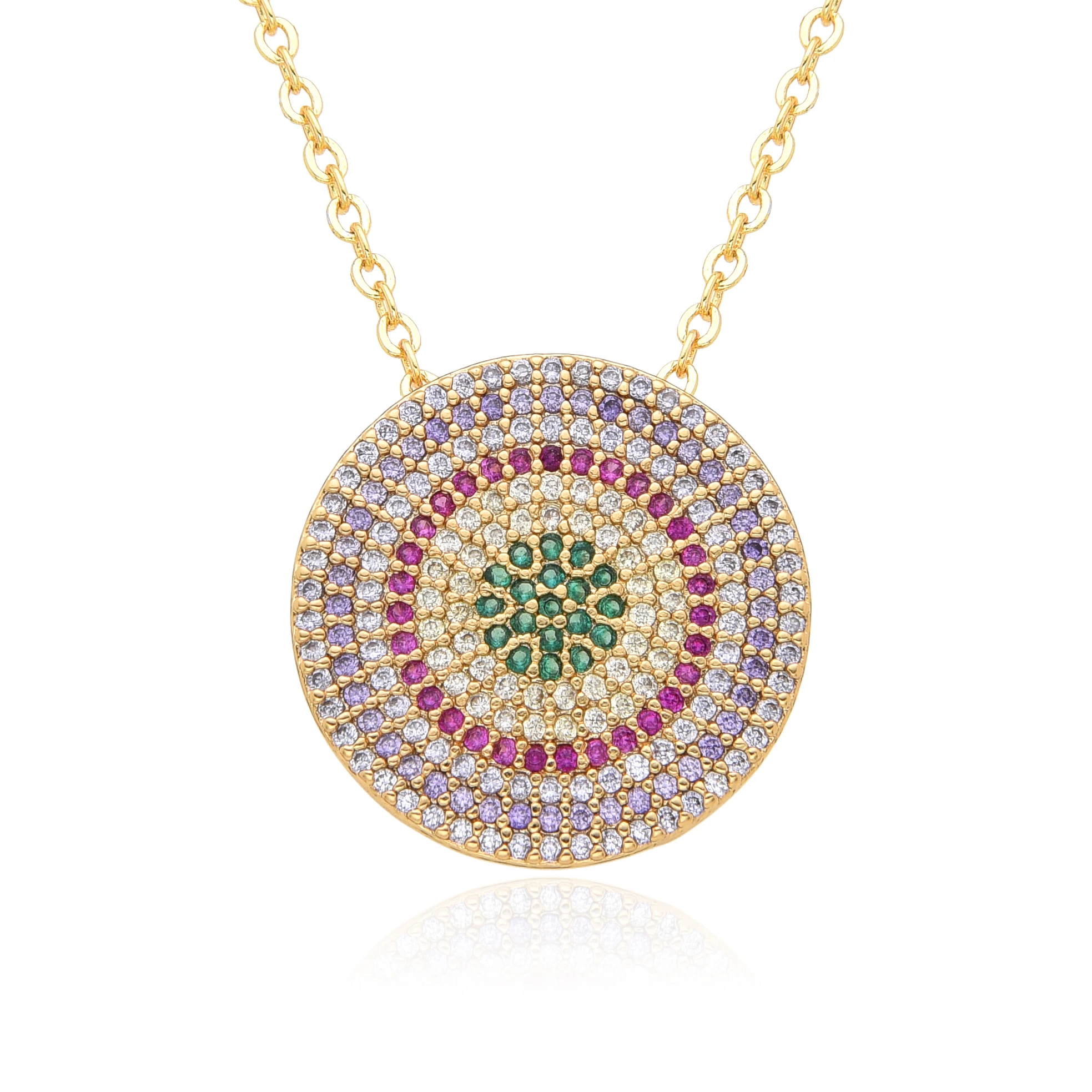 Gold Color Round Coin Charms Colorful Full Inlaid CZ Necklace for Women Choker Chain Pendant DIY Jewelry Accessories Wholesale