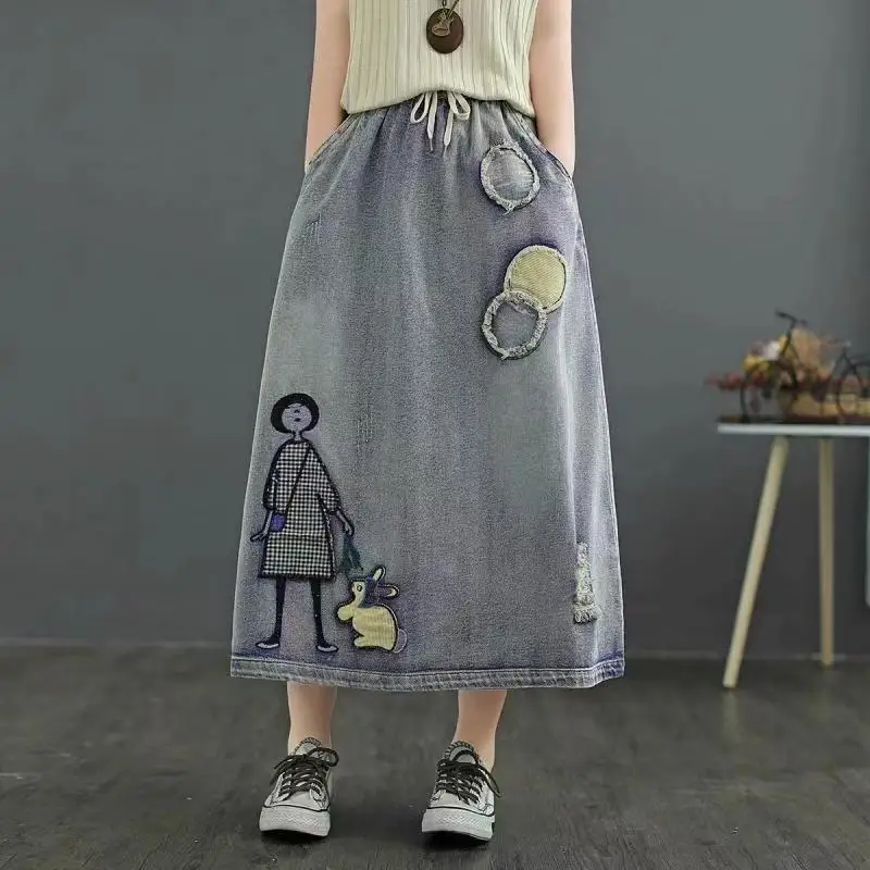 

women's clothing spring and autumn denim literary spring and autumn elastic waist A-shaped skirt women's medium long styles