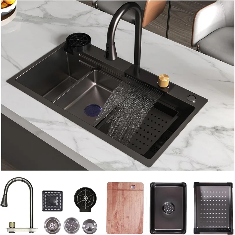 304 aço inoxidável Multifunction Kitchen Sink, Modern Faucet Set, Black Waterfall, Rainfall, Single Bowl