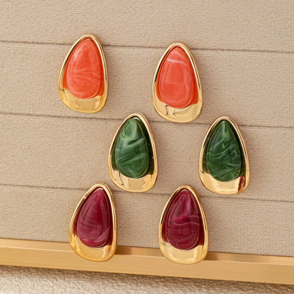 Fashion Simple Teardrop Gold Tone Frame Multicolor Marble Swirl Water Drop Acrylic Stud Earrings for Women Statement Ear Jewelry