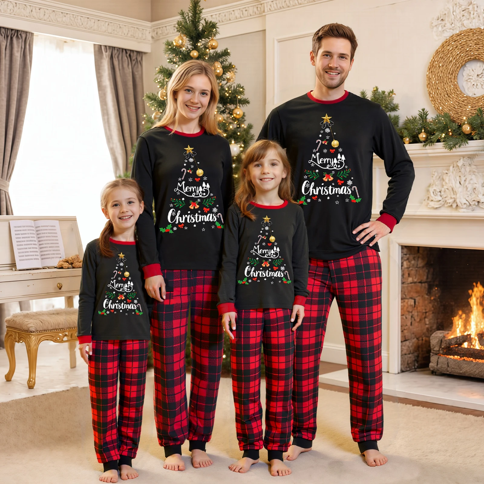 بيجامة عيد الميلاد المتطابقة للعائلة، ملابس علوية بأكمام طويلة وطبعة حروف وندفة الثلج + بنطلون منقوش ملابس نوم #2