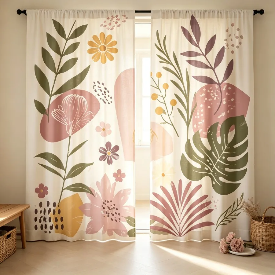 2PCS Digital Print Curtain, Boho Pink Green Botanical Flowers Leaves Monstera Pattern, Bohemian Nordic Style Home Decor