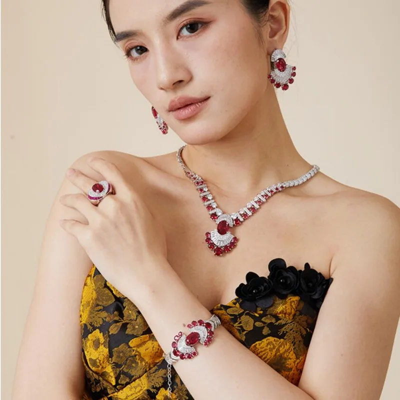

Designer Collection Style Ring Earrings Bracelet Necklace Inlay Red Green Cubic Zircon Tassels Pendant Dinner Party Jewelry Sets