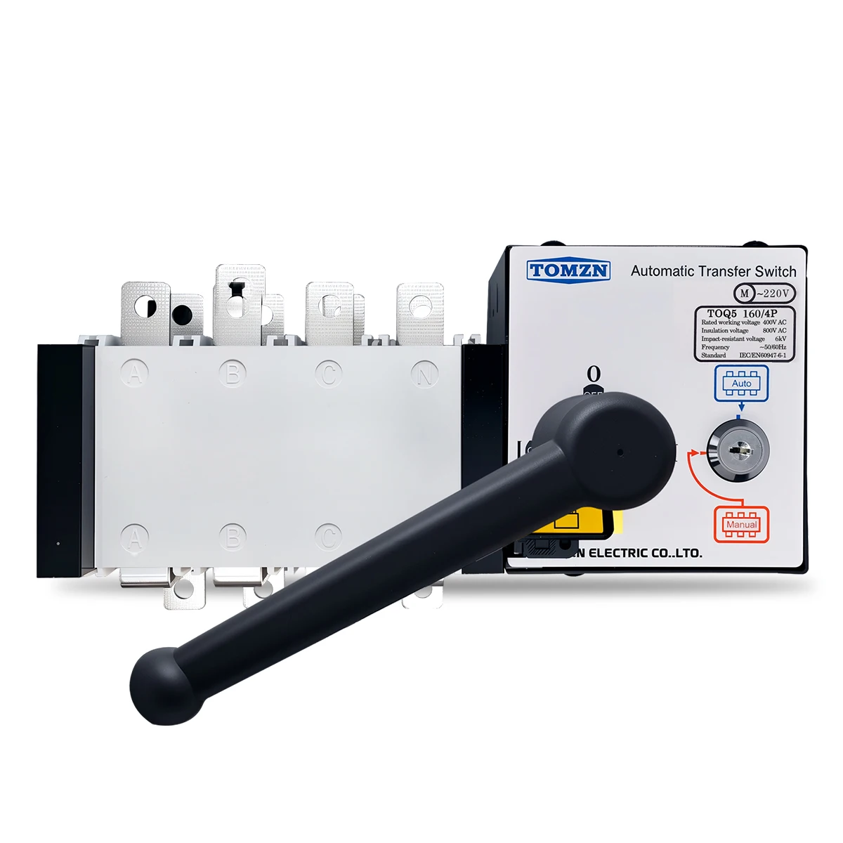 

TOMZN 4P 160A ATS PC Class Dual Power Automatic Transfer Switch Electrical Selector 400V AC Auto or Manual 2 Input 1 Output Lock