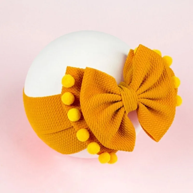 Baby Bow Headband Soft Elastic Colorful Turban Princess Baby Girls Pompom Ball Hairband Double Layer Bowknot Newborn Headwrap