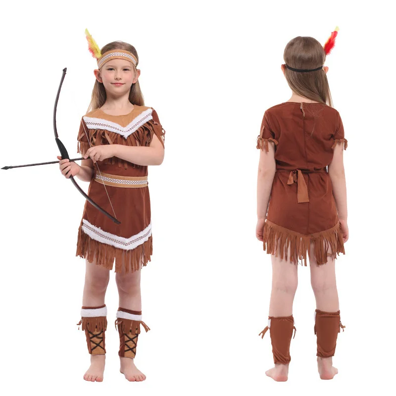 Kids Halloween Indian Princess Cosplay Costumes Girls Boys Pocahontas Huntress Costume Purim Party Mardi Gras Fancy Dress Up