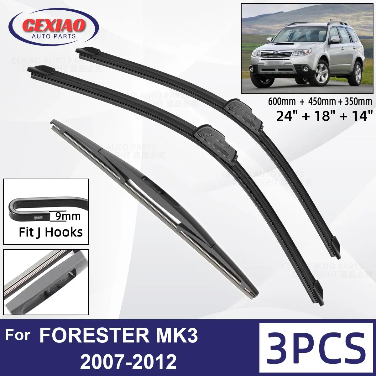 

For Subaru FORESTER MK3 2007-2012 Car Front Rear Wiper Blades Soft Rubber Windscreen Wipers Auto Windshield 24"18"14" 2010 2011