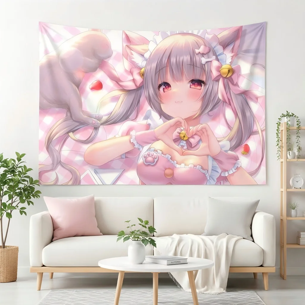 Kawaii Neko Maid Anime Girl Tapestry Pink Pastel Fox Ears Bell Bow Rabbit Strawberry Manga Wall Hanging Dorm Bedroom Decor