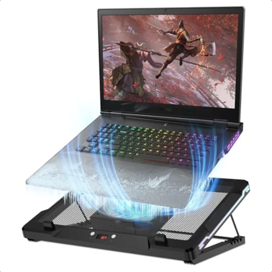 

Laptop Cooling Pad Laptop Cooler Stand with 5.5 Movable Fan Easy to Clean 10 RGB Light Modes Auto Temp Sensor 3Speed Manual Con