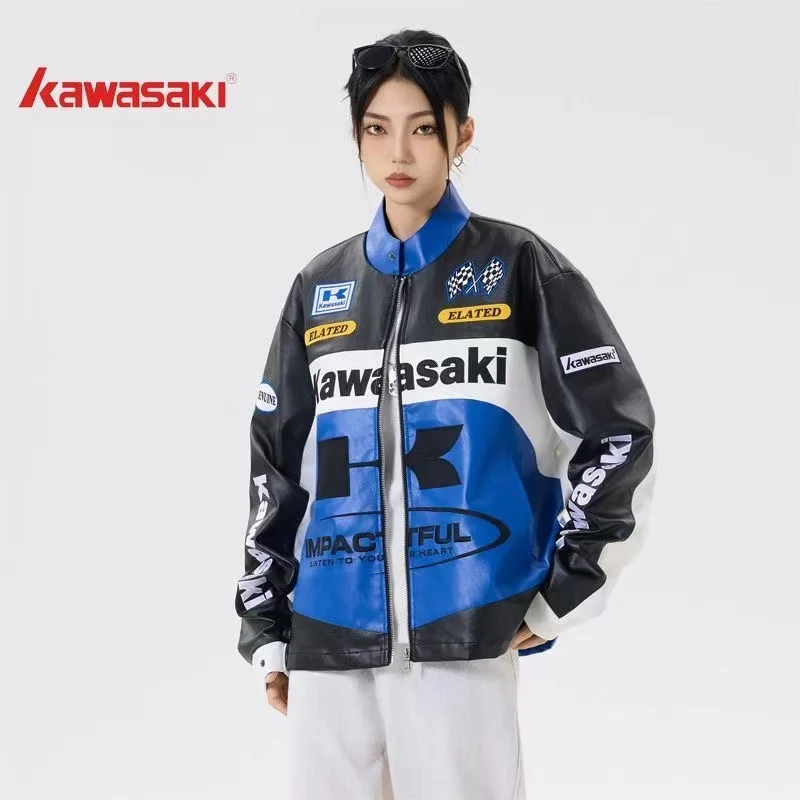 

Kawasaki Kawasaki Geometric Patchwork Embroidered Motorcycle Style Windproof and Waterproof PU Leather Jacket, Unisex Design