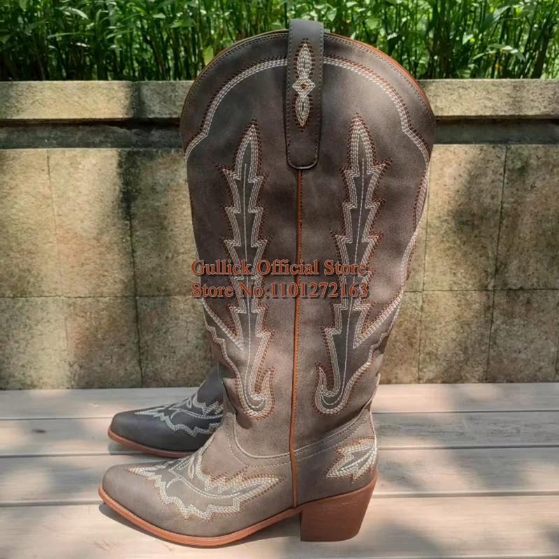 Vintage Style Embroidery Ridding Boots Pointed Toe Slip On Block Heels Top Leather Female Casual Outside Knee High Boots