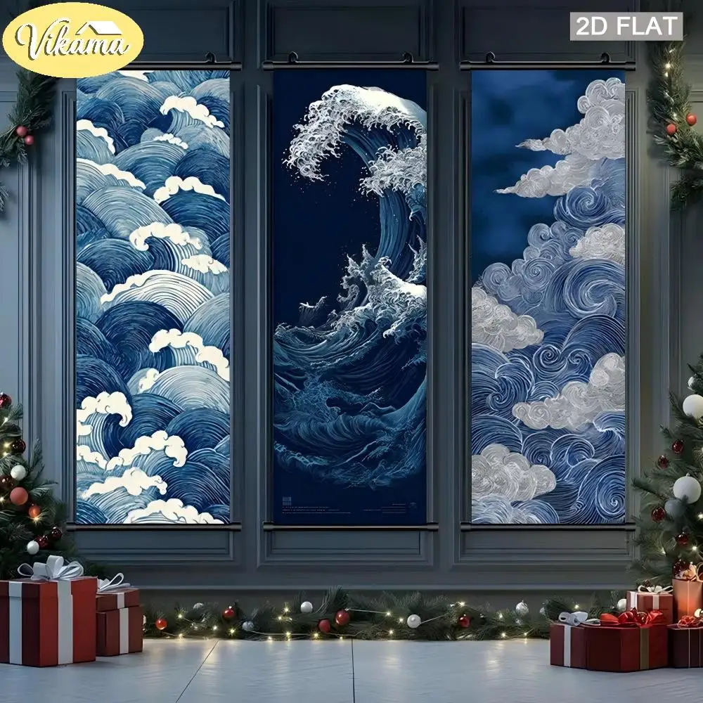 Vertical Japanese-Style Blue Ocean Waves Scroll Tapestry, Narrow Ocean Waves Scroll Wall Hanging, Home Decor
