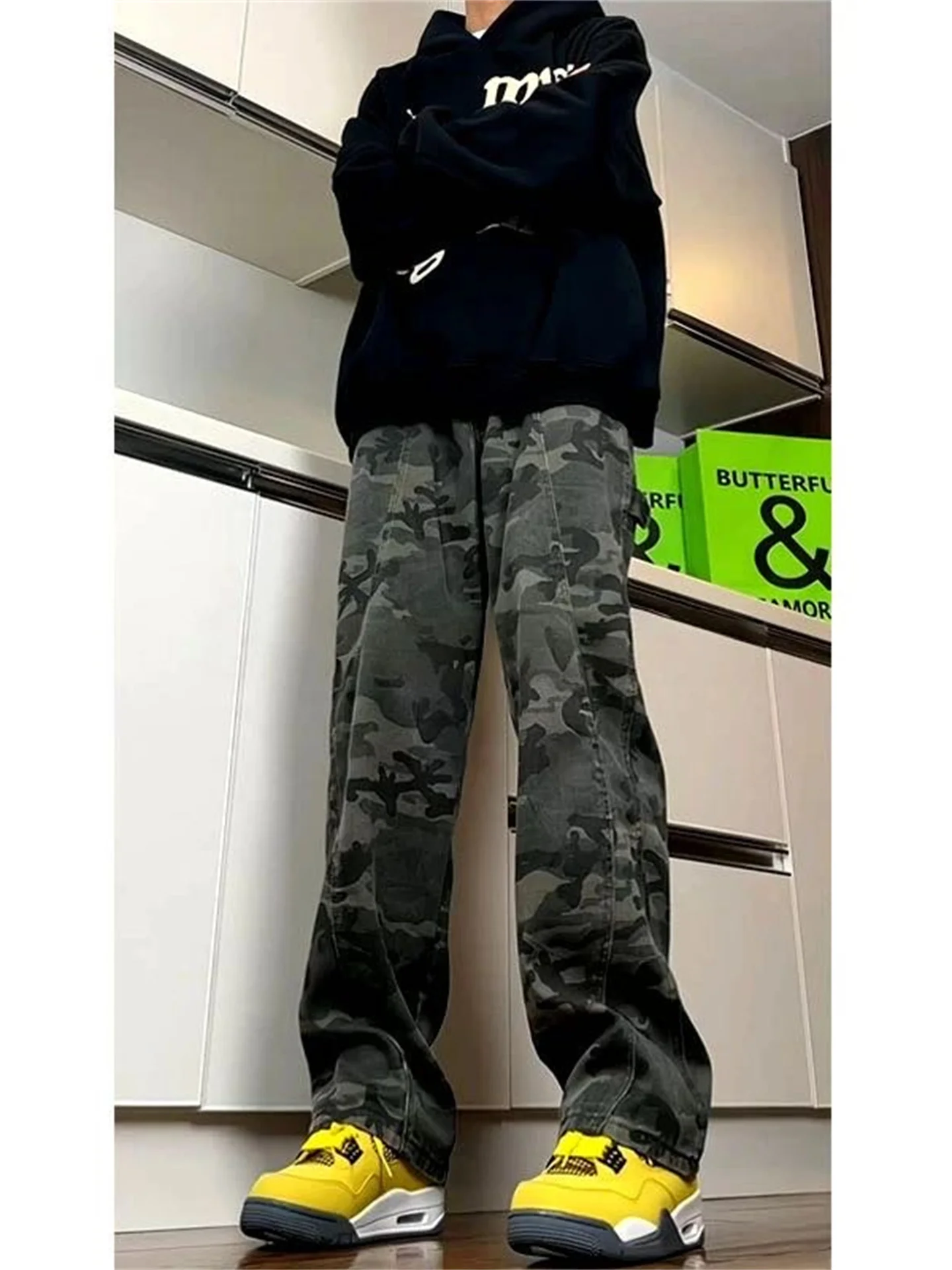 

American Deconstructed Retro Camouflage Flared Jeans Men's Trendy Loose High Street Wide Leg Casual Pants