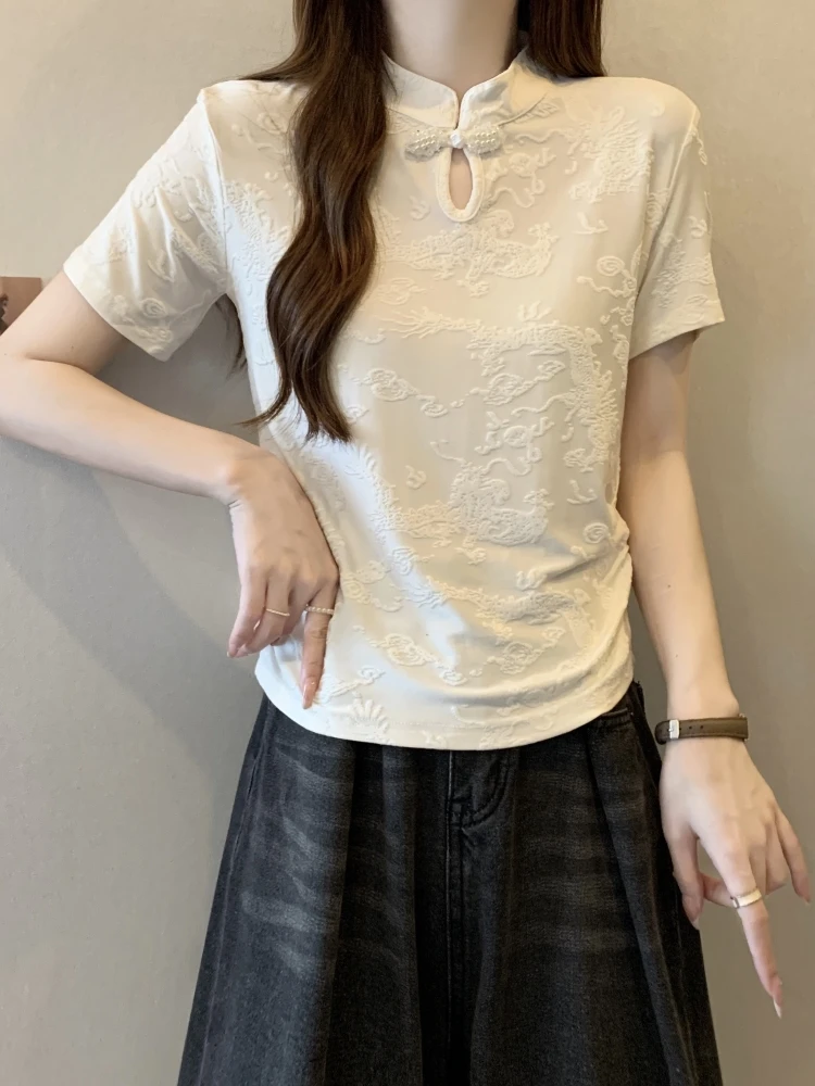 

New Chinese Style Button up Stand Collar Short Sleeve T-Shirt Women Summer plus Size Slimming Hollow out Embroidery Base Top