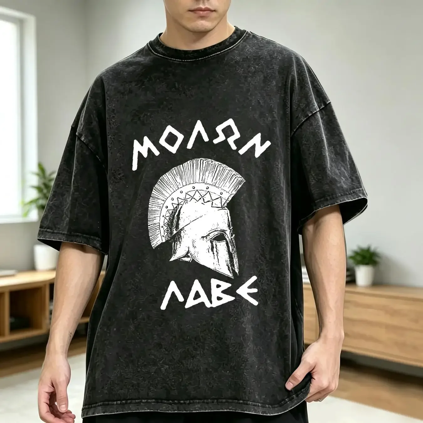 washed T Shirt Spartans Sparta Greece helmet gym 300 molon labe long sleeve or short sleeves vintage Washed Breathable graphic
