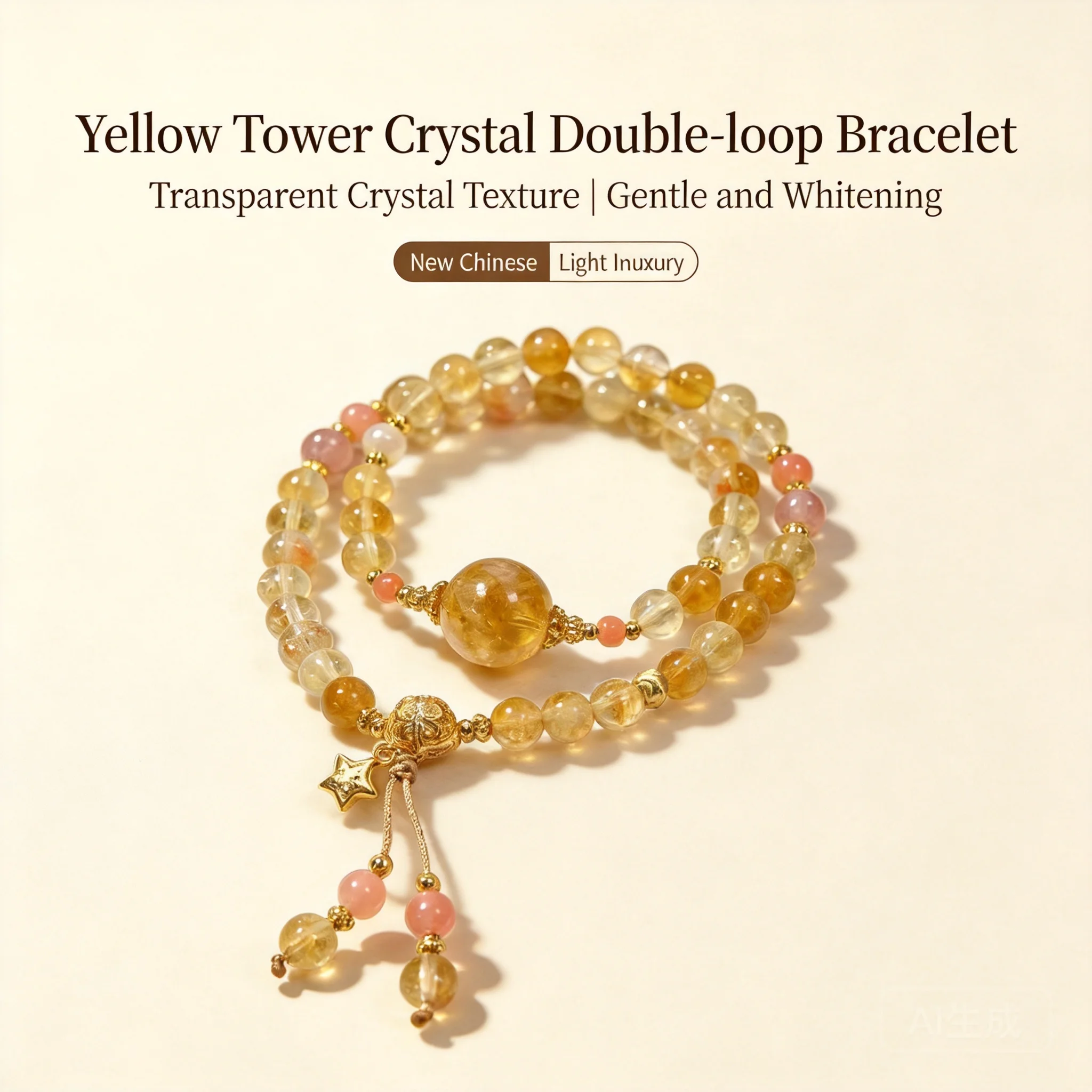 Bracelet double rang en citrine naturelle style chinois porte-bonheur, quartz rutilé doré poli à la main, délicat et efficace pour attirer la richesse