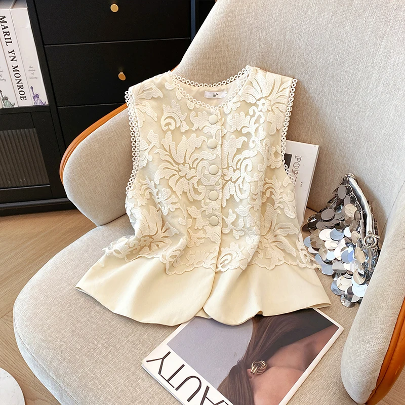 Elegant Chinese Style Embroidered Vest Women Summer Sleeveless Office Casual Blouse Ladies Chic Tops for Workwear Daily Outfits