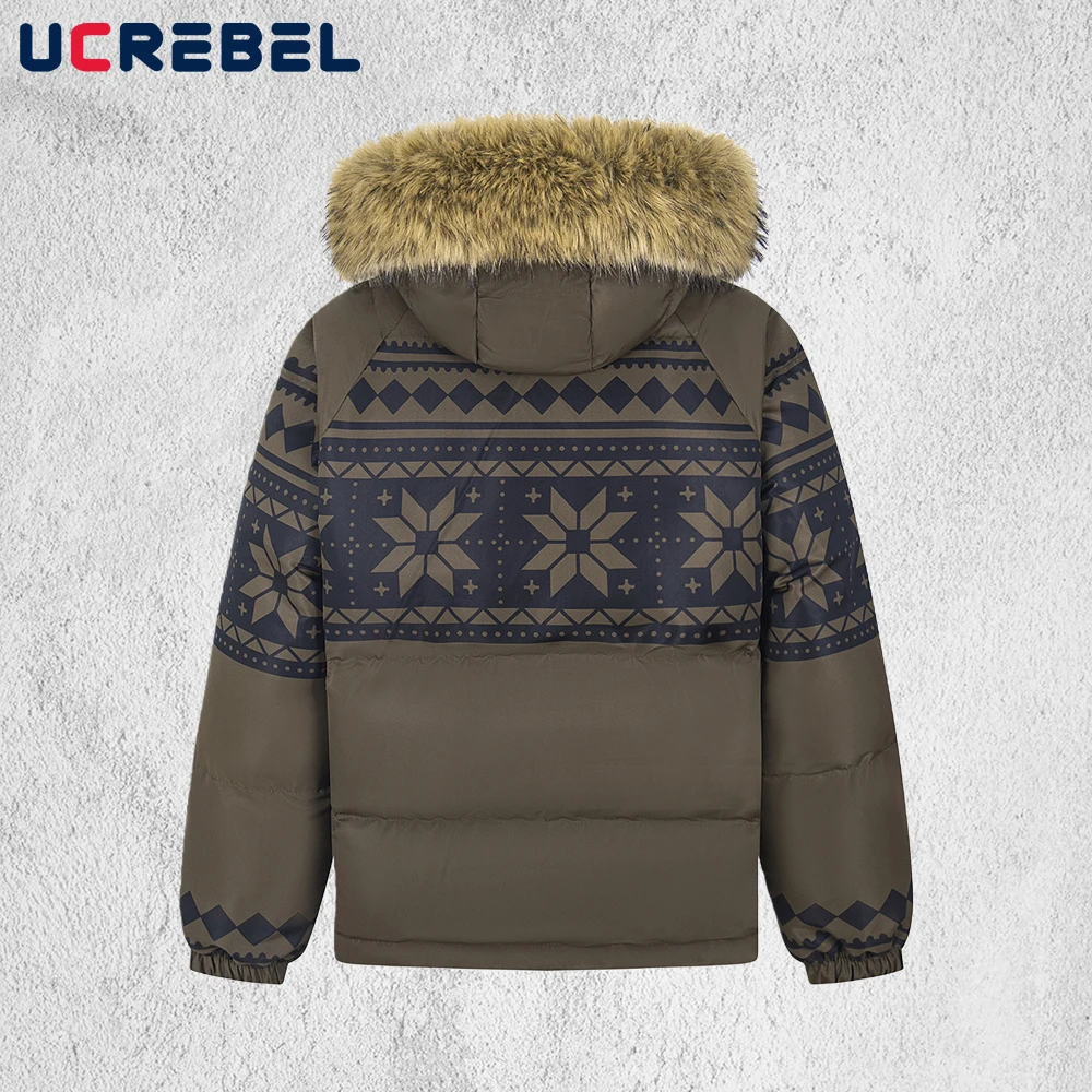 سترة مبطنة مطبوعة بنمط فير آيل للرجال شتوية سميكة ملابس خروج فضفاضة بأكمام طويلة وياقة من الفرو وقلنسوة سترة مبطنة للرجال