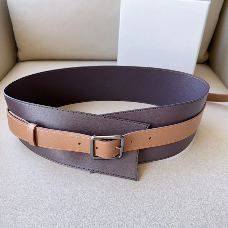 Women Calf Smooth Leather Color Patched Waist Belt Lady Dress Cummerbunds 80mm