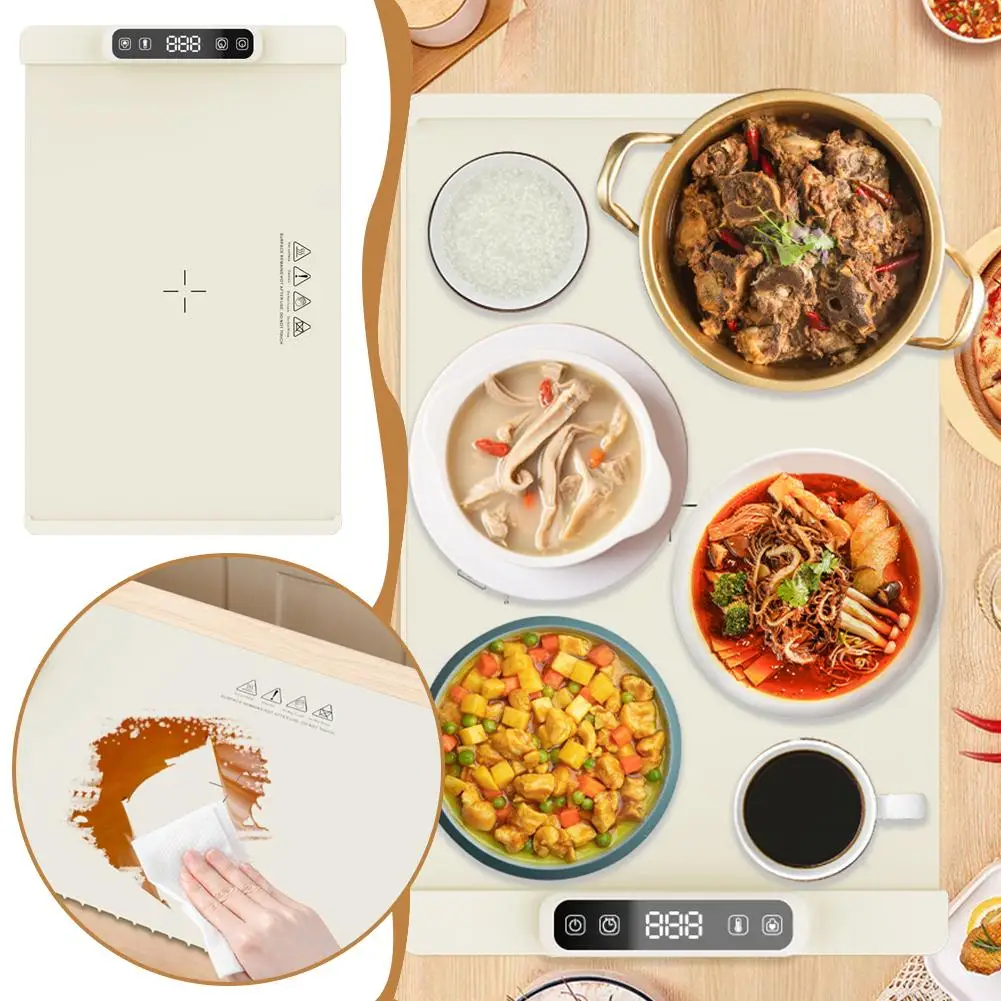 صينية تدفئة كهربائية مع درجة حرارة قابلة للتعديل، سخان طعام قابل للطي، تسخين سريع، سخان طعام، مفرش طاولة من السيليكون