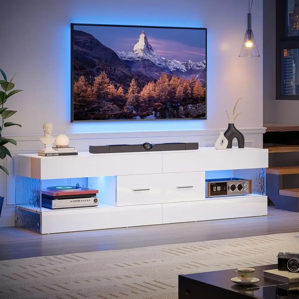 Modern High Gloss TV Stand for 55-65 Inch TVs with Stone-Edged Sides, LED Entertainment Center for Living or Bedroom in Glossy W