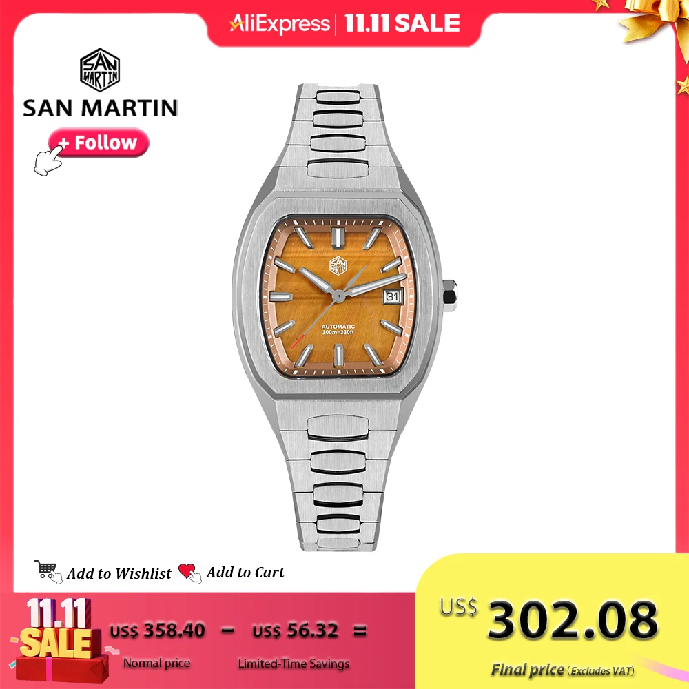

San Martin 39.5mm Tonneau Men Watch Luxury Business Automatic Mechanical Wristwatches Waterproof 10Bar BGW-X1 Luminous SN0145