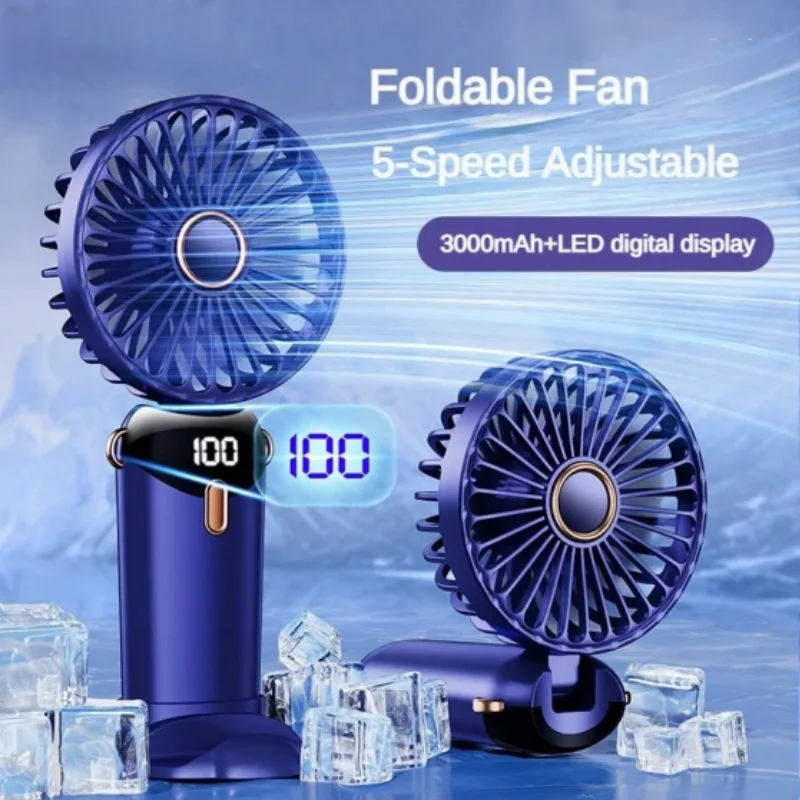 USB Handheld Mini Fan Foldable Portable Neck Hanging Fans 5 Speed USB Rechargeable Fan with Phone Stand and Display Screen