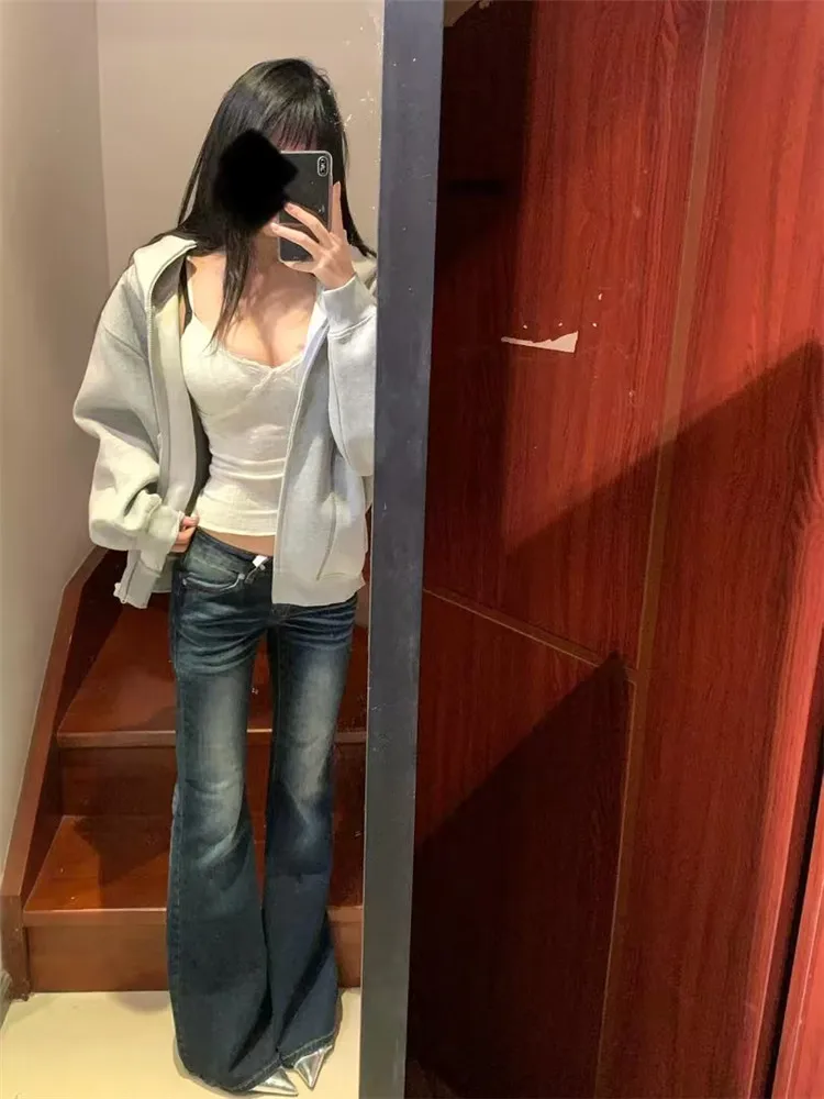 

Retro American Blue Flared Jeans Women Spring Low Waist Distressed Extended Length Floor Sweeping Pants