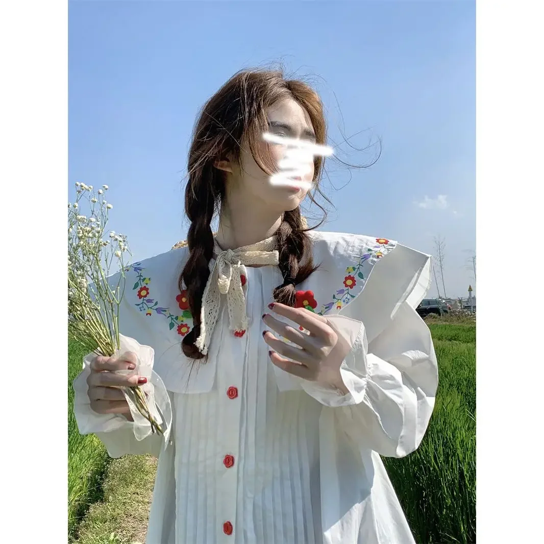 Gagarich Spring Autumn Sweet Double Layered Doll Neck Shirt Women Design Three Dimensional Flower Fold Loose Long Sleeved Top