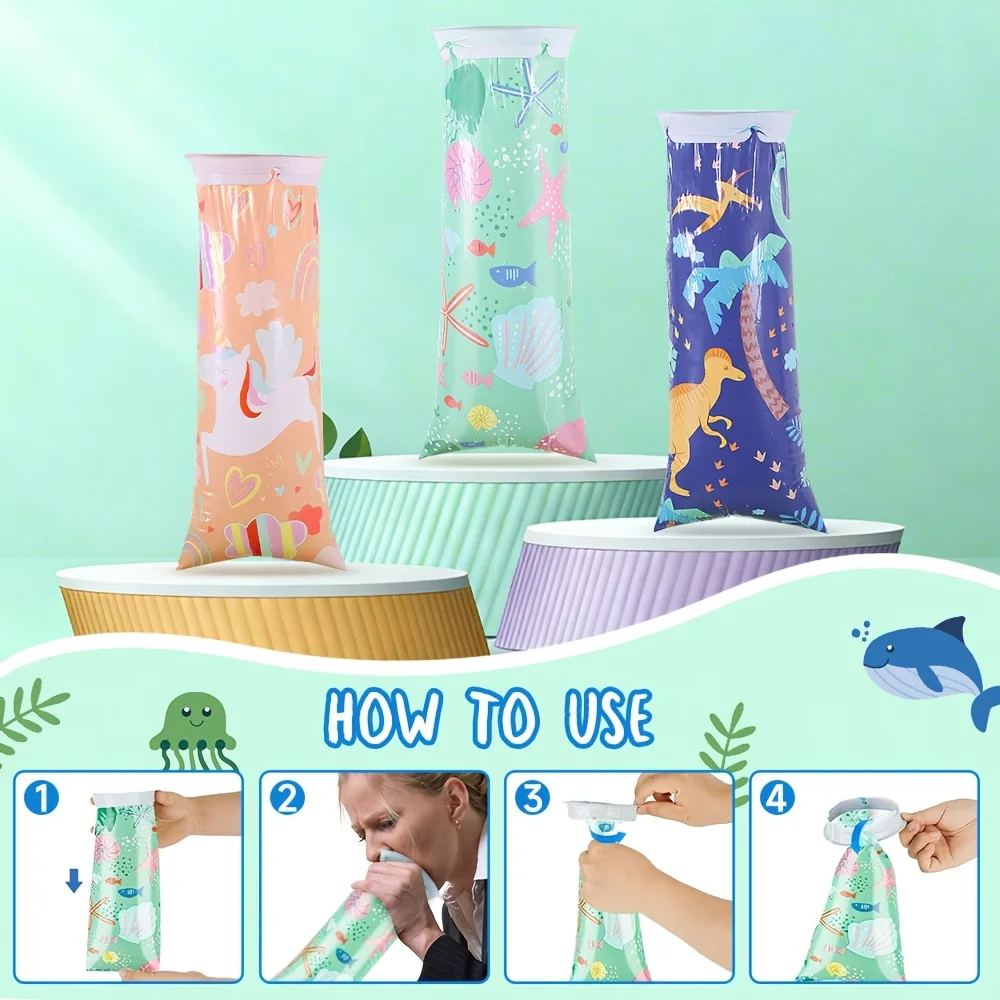 6 12pcs Cartoon Portable Disposable Vomit Emergency Pe Motion Sickness Travel Airplane Camping Outdoor Leakproof Mixed Patterns