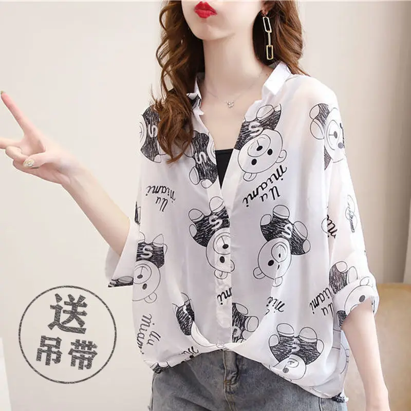 Fashion Printed Lapel Batwing Sleeve Folds Asymmetrical Oversized Chiffon Shirt Loose Commute Women\'s Clothing Casual Blouse