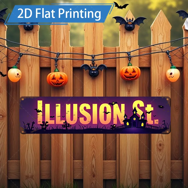 1 قطعة علامة معدنية، 4 × 16 بوصة لافتة شارع الوهم للهالوين مع الخفافيش والقرع فن معدني مزخرف