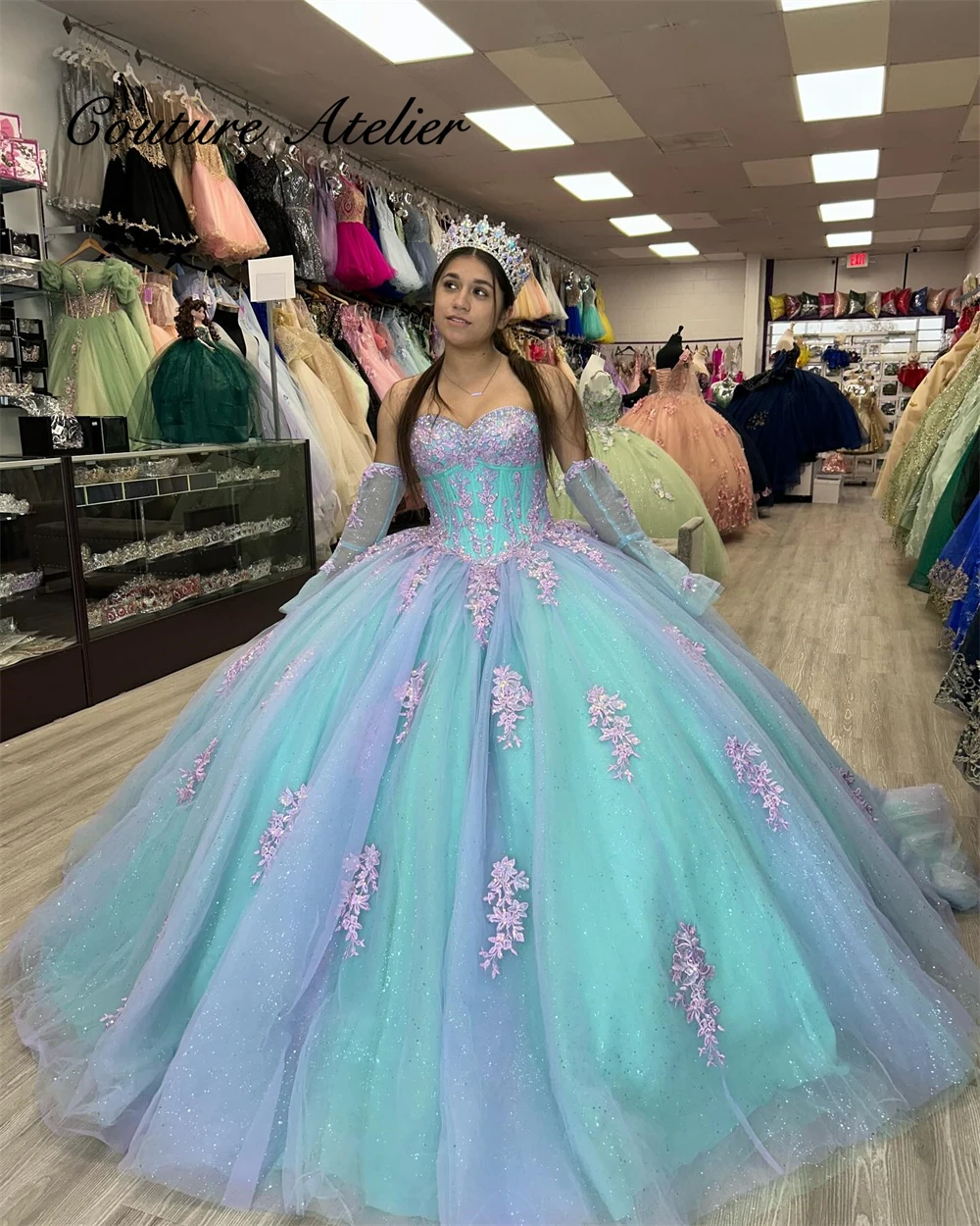 

Lively Blue 15 Years Princess Quinceanera Dress 2025 Lilac Applique Strapless Birthday Ball Gown With Sleeves Crystal Customized