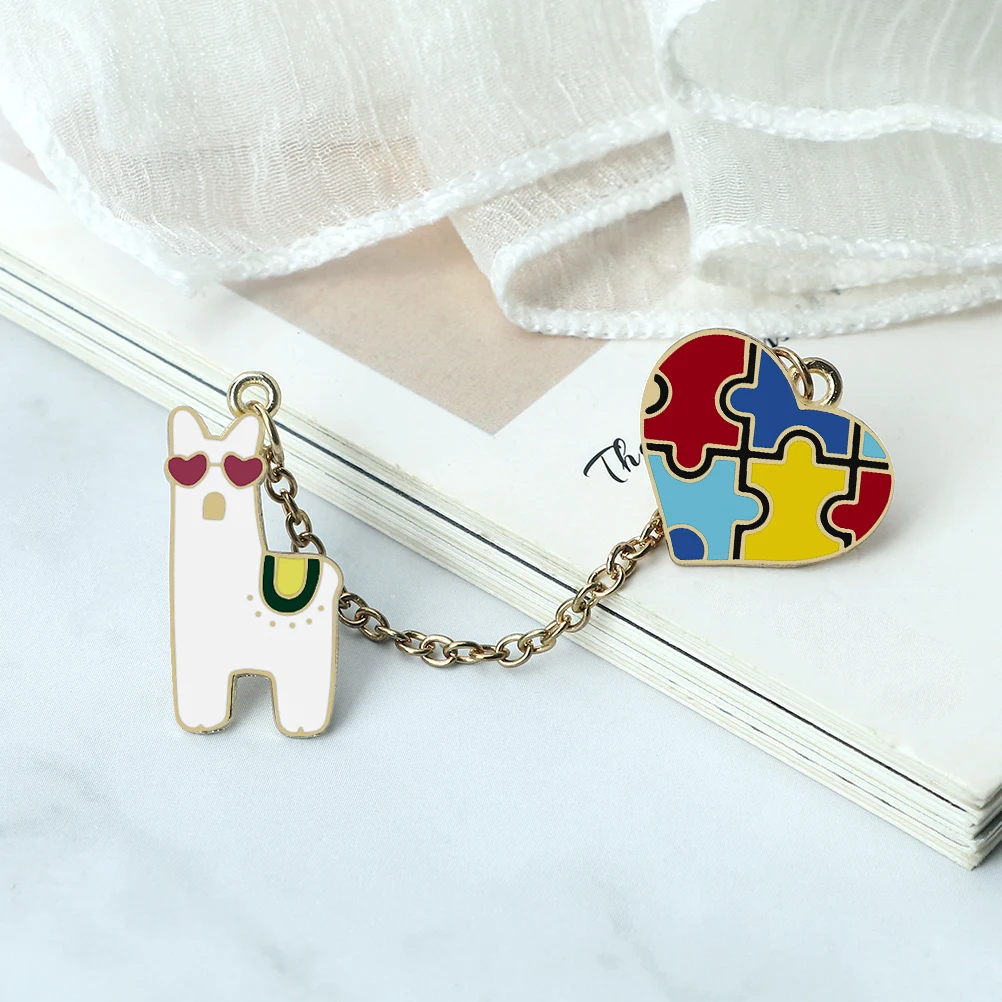 Children Autism Puzzle Brooches Cute Alpaca Wearing Heart-shaped Sunglasses Chain Badge Jacket Lapel Pins Fashion Enamel Jewelry