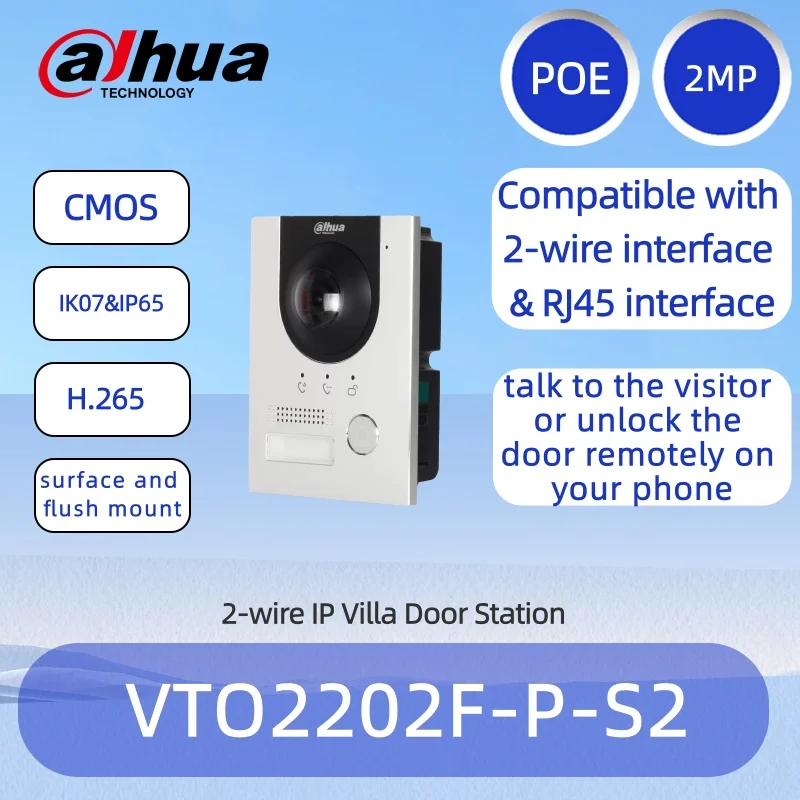 VTO2202F-P-S2 Умный 2-проводной видеодомофон, 2-мегапиксельная камера «рыбий глаз», удаленная разблокировка через приложение, контроль доступа, PoE, для виллы