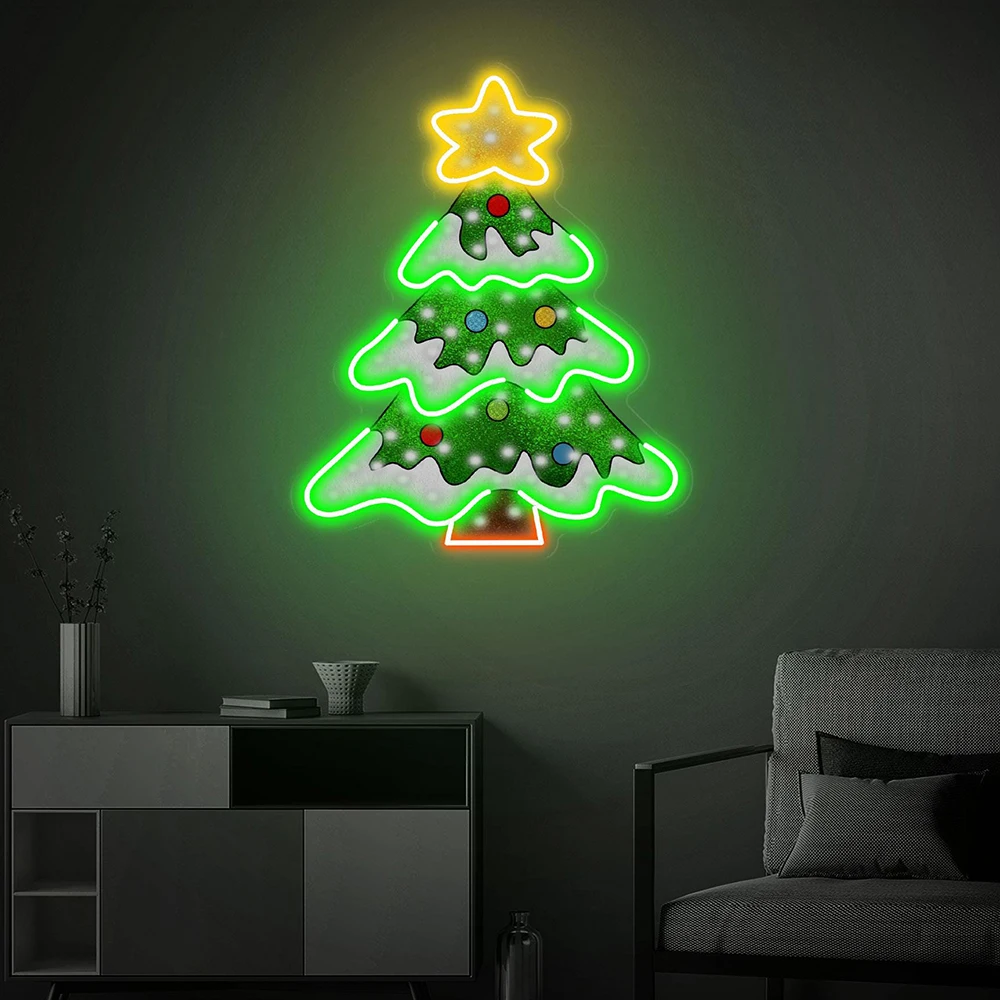 Christmas Tree Star Neon Sign UV พิมพ์อะคริลิคงานศิลปะ Merry Christmas Holiday Party Wall Decor นีออน Custom Neon Sign